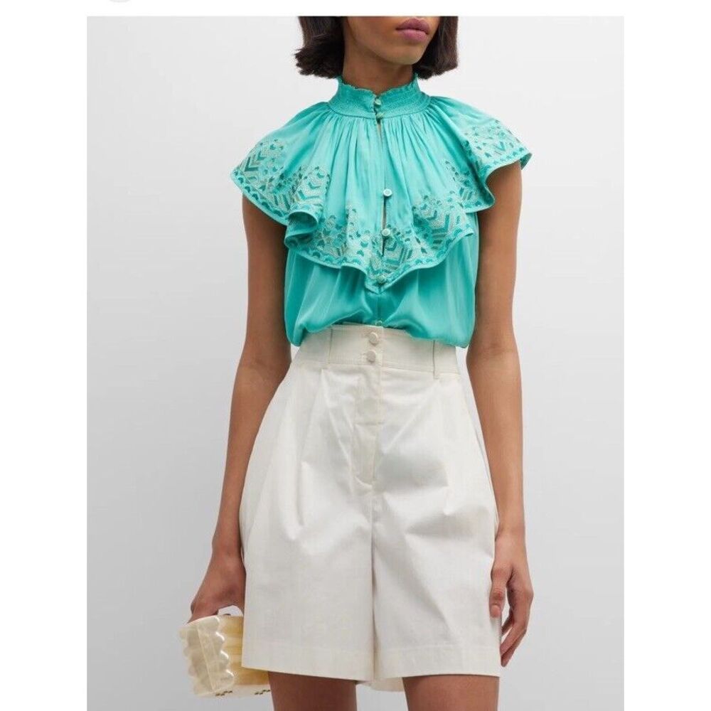 Ramy‎ Brook STUNNING Abbe Ruffled High Smocked Collar Blouse. Teal Sz  XS NWT